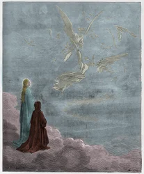 Paradies, 18. Gesang: Dante und Beatrice werden in die Sphäre des Jupiter versetzt, Illustration aus „Die Göttliche Komödie“ von Dante Alighieri, 1885